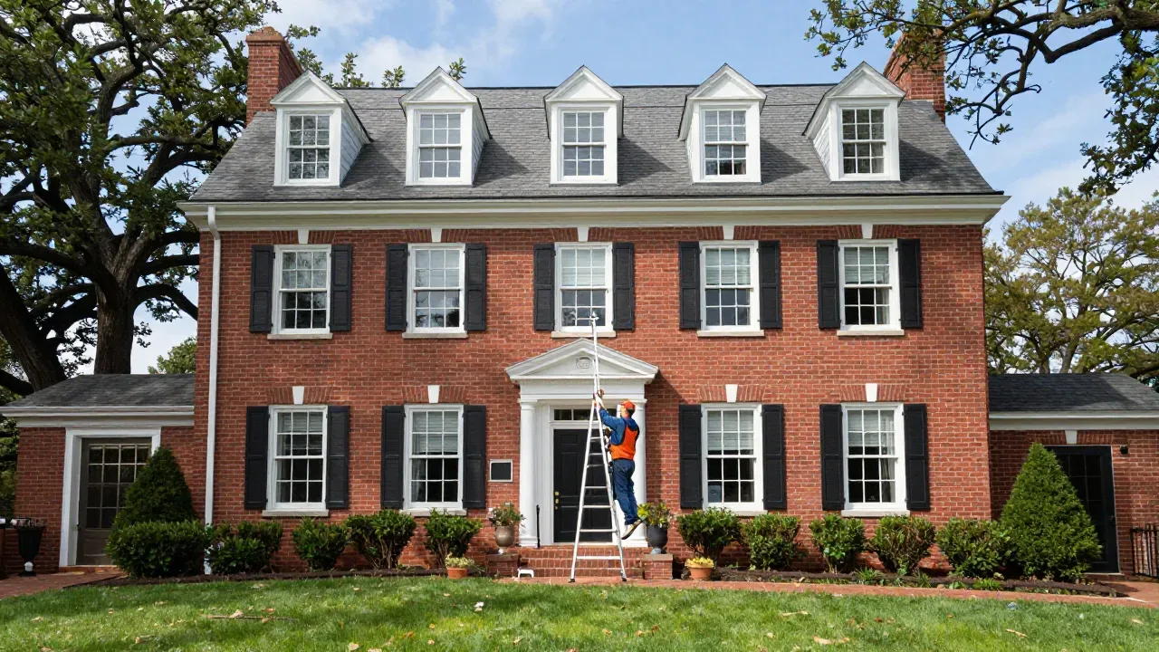 Exterior trim and window work on a brick Georgian colonial in Potomac, MD — Eagle Home Improvements